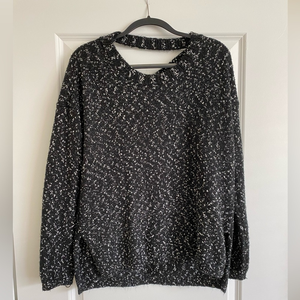 Fuzzy black and white South Moon Under sweater with criss-cross back